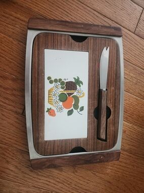 Wood & Ceramic Fruit Inset Cheese Board with Spreader